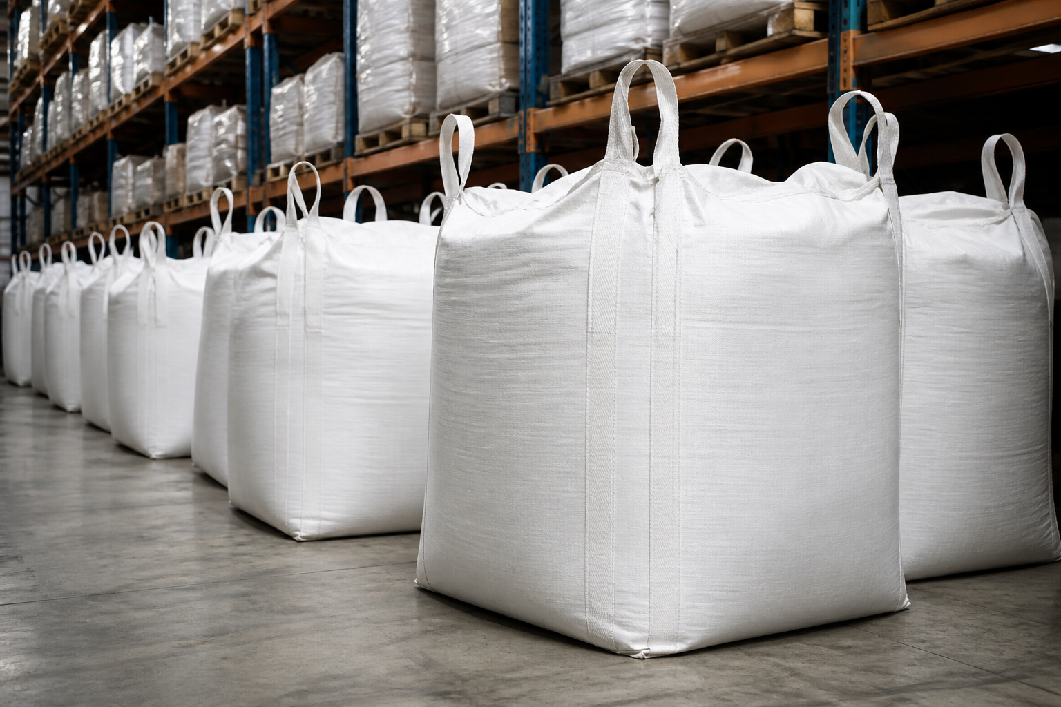 Urea big bags in warehouse aisle